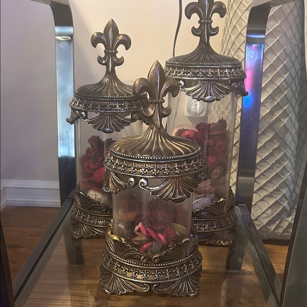 Antique Gold Fleur-de-Lis Decorative Jars